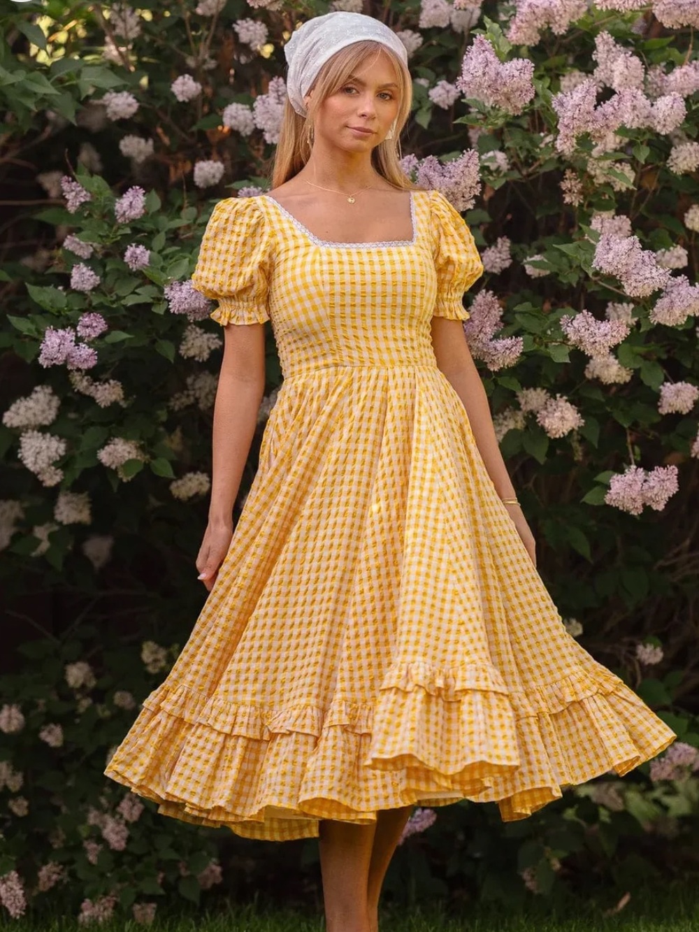 JessaKae Yellow Gingham Puff-Sleeve Midi Dress